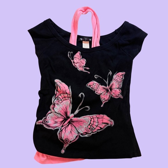 5-7-9 Tops - Y2K 5-7-9 Vintage Butterfly Graphic Layered Halter Top Black Pink Glitter M